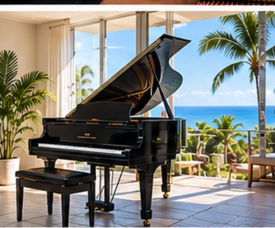 Piano à queue dans un intérieur tropical à La Réunion
